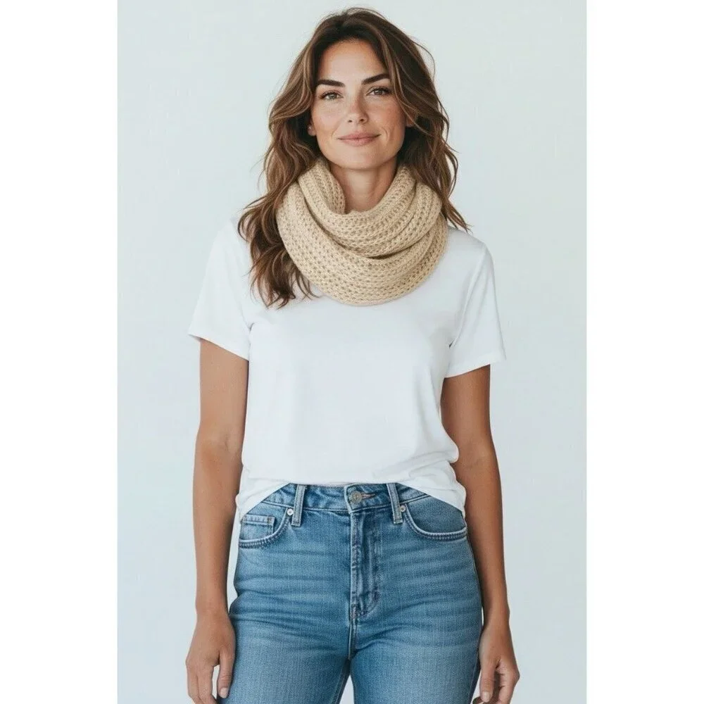 Made in Italy Mohair Blend Chunky Knit Infinity Scarf Beige Tan Soft Cozy